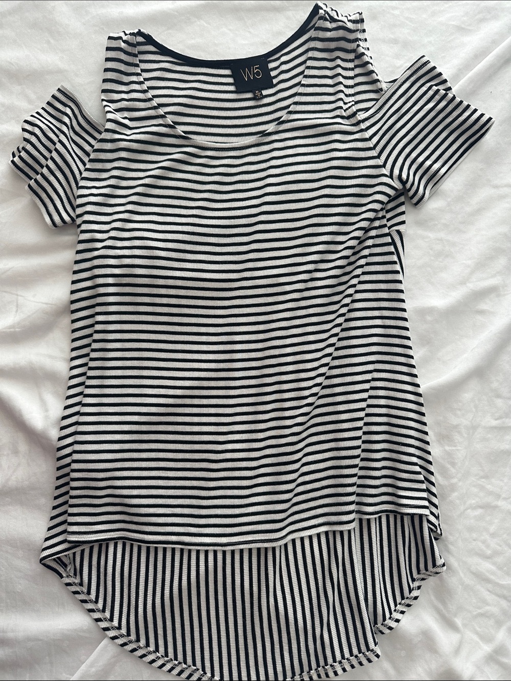 W5 Black and White Striped Cold-Shoulder Tee